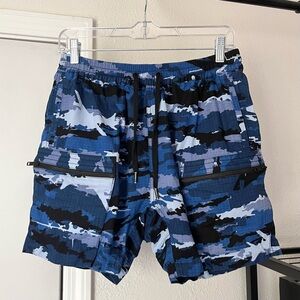 SKINGRAFT blue‎ white black camo cotton utility cargo elastic waist shorts